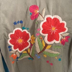 Lucky Brand Olive,utility-like Jacket with Floral, embroidered Accents. Vintage